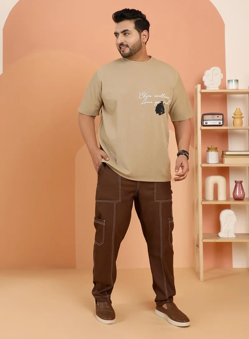 Instafab Plus Instafab Plus Men's Khaki Beige Boxy Grecian-Modernism T-Shirt For Casual Wear | Crew Neck | Short Regular Sleeves | Pull On Closure | Plus Size T-Shirt Crafted With Comfort Fit For Everyday Wear