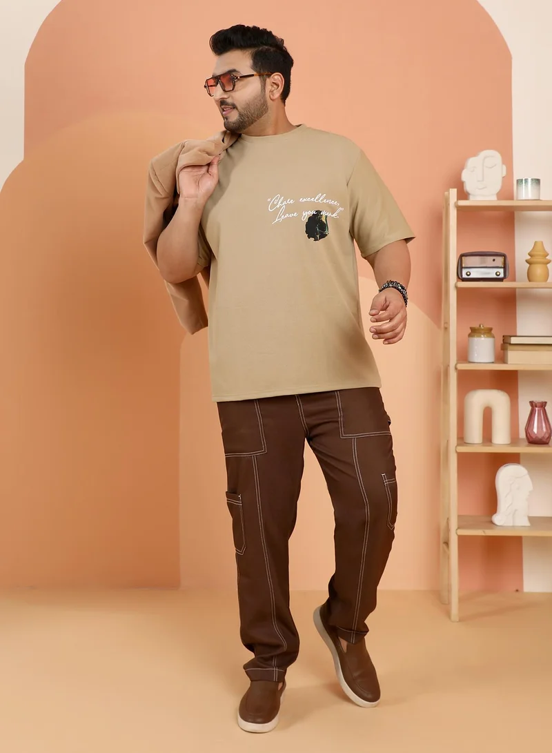 Instafab Plus Instafab Plus Men's Khaki Beige Boxy Grecian-Modernism T-Shirt For Casual Wear | Crew Neck | Short Regular Sleeves | Pull On Closure | Plus Size T-Shirt Crafted With Comfort Fit For Everyday Wear