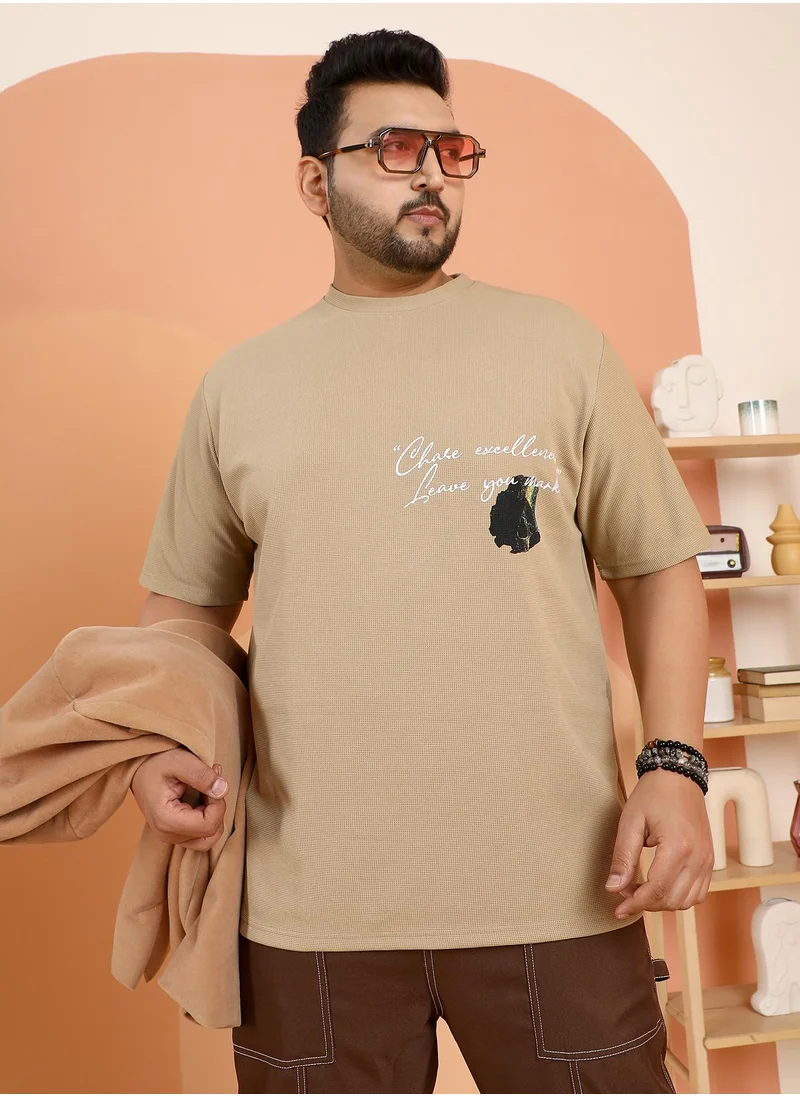 انستافاب بلس Instafab Plus Men's Khaki Beige Boxy Grecian-Modernism T-Shirt For Casual Wear | Crew Neck | Short Regular Sleeves | Pull On Closure | Plus Size T-Shirt Crafted With Comfort Fit For Everyday Wear