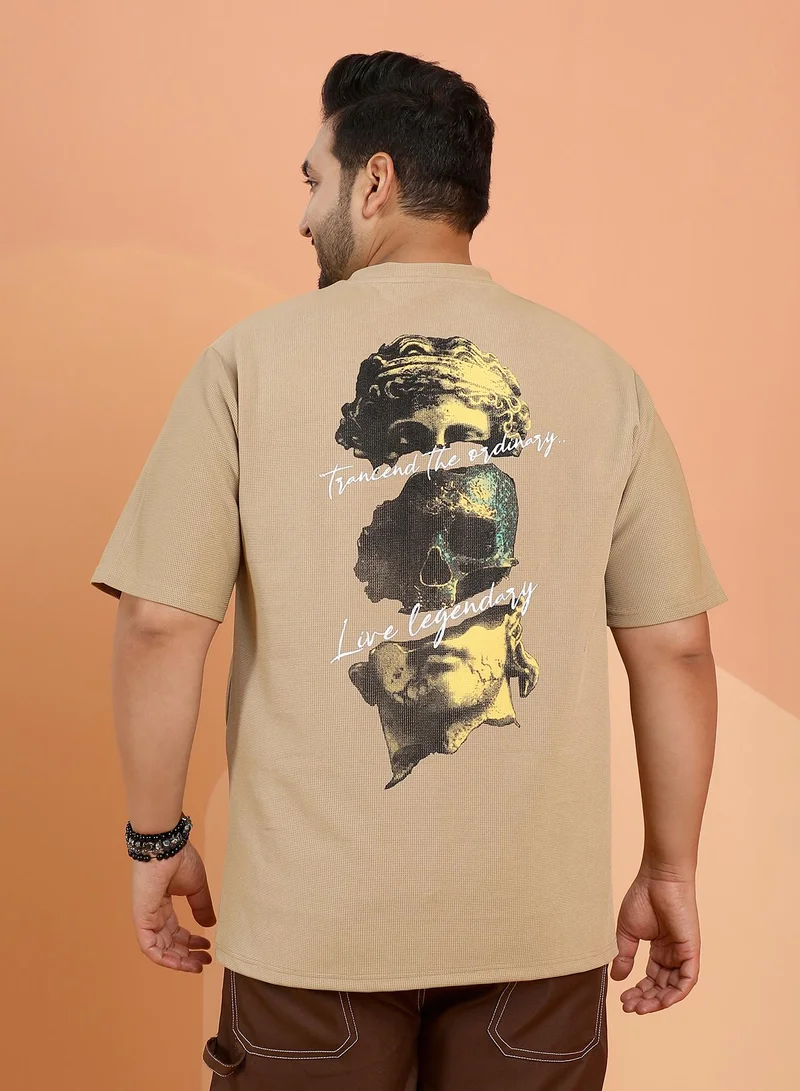 Instafab Plus Instafab Plus Men's Khaki Beige Boxy Grecian-Modernism T-Shirt For Casual Wear | Crew Neck | Short Regular Sleeves | Pull On Closure | Plus Size T-Shirt Crafted With Comfort Fit For Everyday Wear