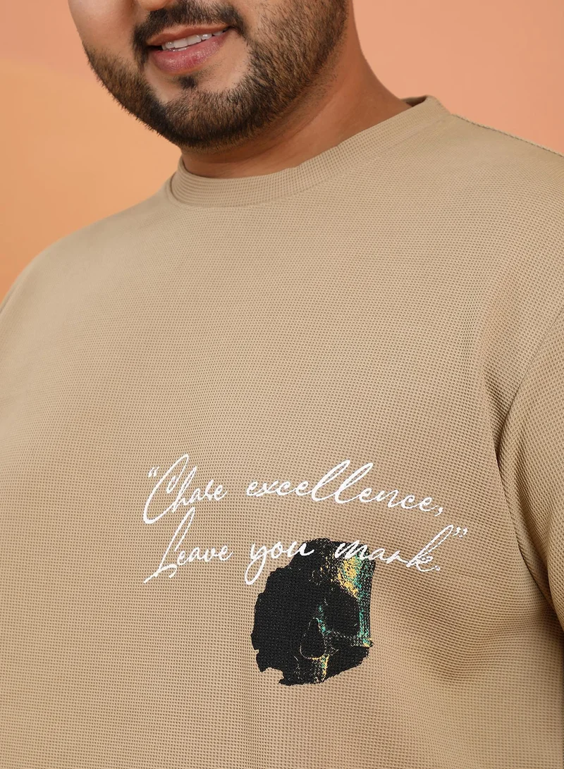 Instafab Plus Instafab Plus Men's Khaki Beige Boxy Grecian-Modernism T-Shirt For Casual Wear | Crew Neck | Short Regular Sleeves | Pull On Closure | Plus Size T-Shirt Crafted With Comfort Fit For Everyday Wear