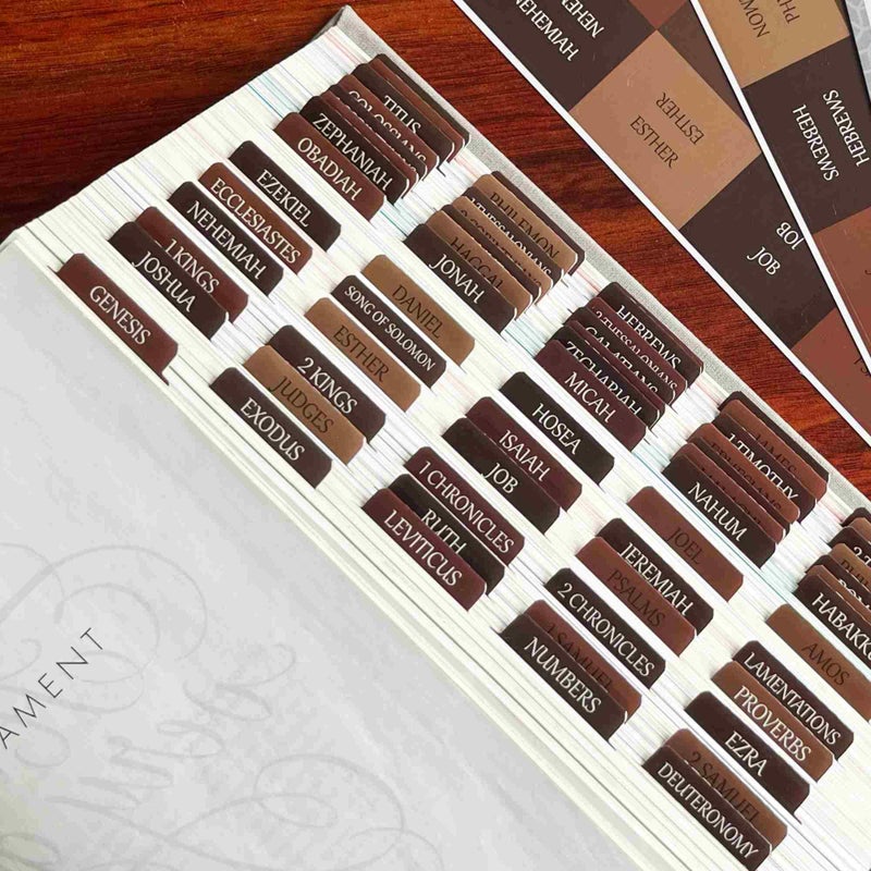 Thinkor Reposition Laminated Bible Tabs, Large Print Stickers, Easy to Read & Apply Bible Tabs for Women & Man (Earthy Brown) - Image 1