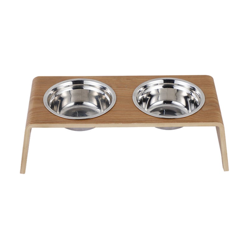 Raised Bamboo Pet Bowl Stand with Removable Double Bowls and Feeding Mat for cats and dogs in Brown - Image 1