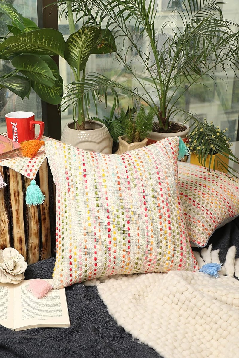 IMPEXART PVT LTD Cotton 20X20 Inch Multi Texture Woven Bohemian Stripe with Multi Tassel for Decor Sofa Couch livingroom Bedroom Farm House Indoor