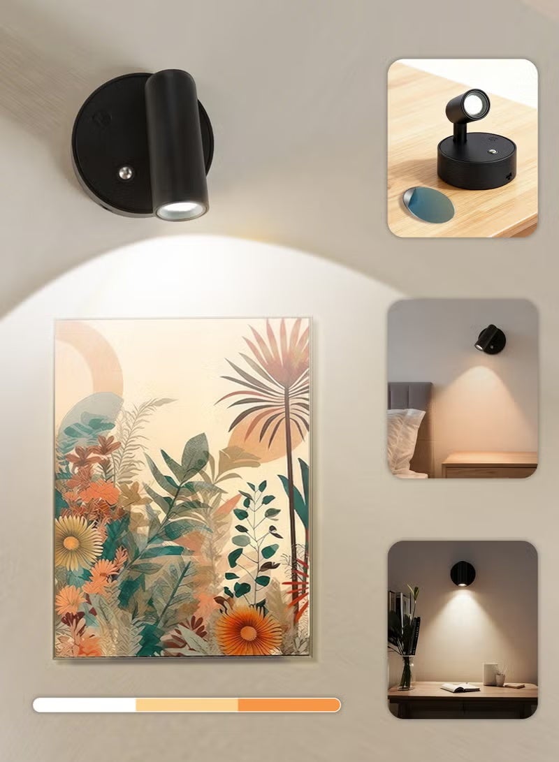 Arabest LED Wall Lamp, Wall-Mounted Lamp with 3 Color Temperatures, Dimmable 360° Rotation Function, Rechargeable Battery Reading Light for Living Room, Bedroom, Hallway and Nightstand (Black) - Image 1