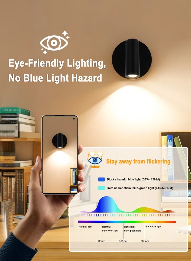 Arabest LED Wall Lamp, Wall-Mounted Lamp with 3 Color Temperatures, Dimmable 360° Rotation Function, Rechargeable Battery Reading Light for Living Room, Bedroom, Hallway and Nightstand (Black) - Image 4