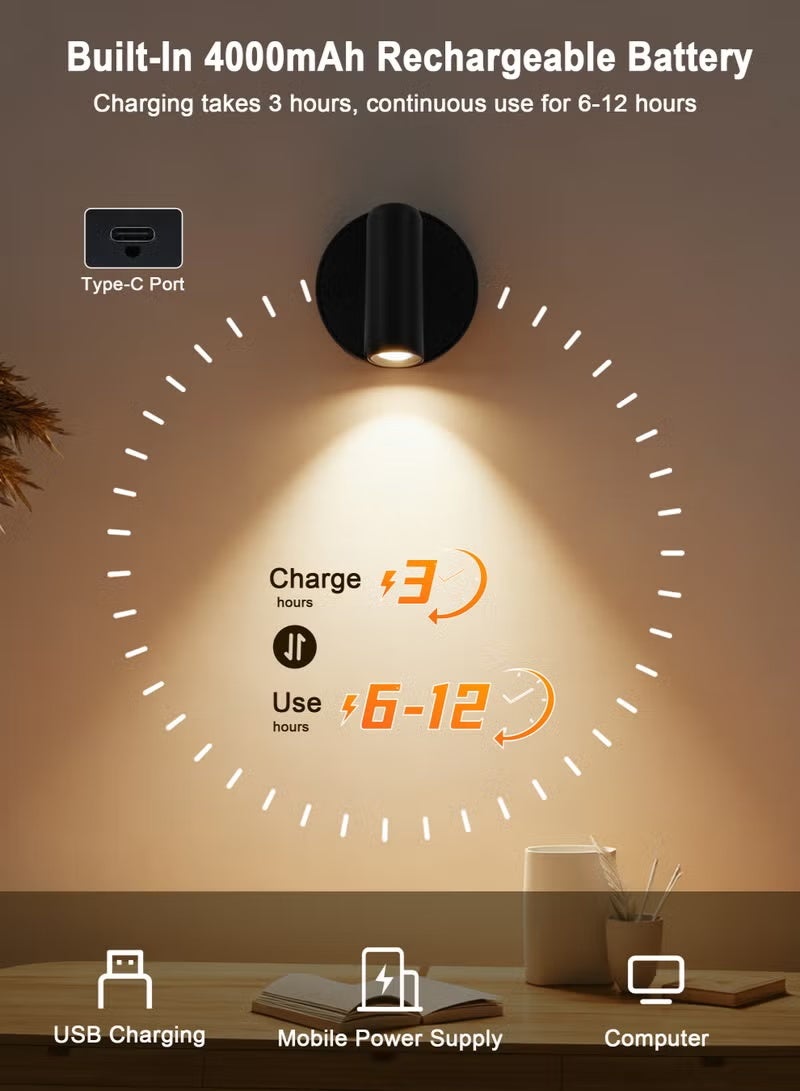 Arabest LED Wall Lamp, Wall-Mounted Lamp with 3 Color Temperatures, Dimmable 360° Rotation Function, Rechargeable Battery Reading Light for Living Room, Bedroom, Hallway and Nightstand (Black) - Image 3