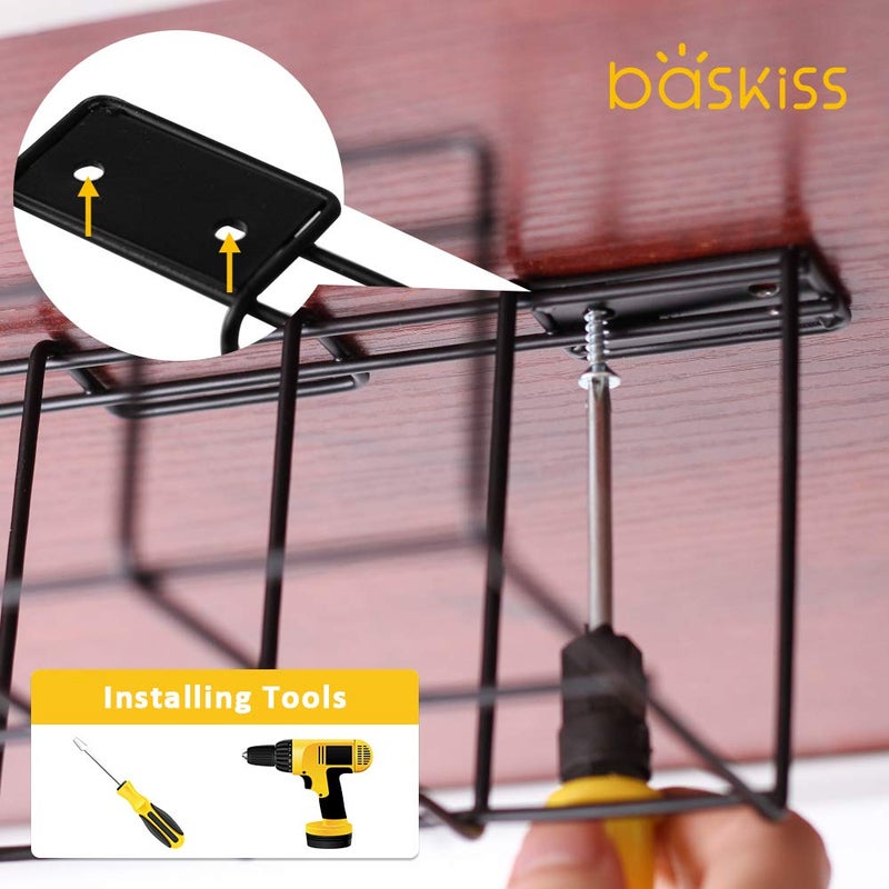 baskiss 2 Packs Cable Management Tray, 16" Under Desk Organizer for Wire Organization, Metal Holder for Desktop Computer Home Office Kitchen Workstation to Cover and Hide Power Strips (Black) - Image 3