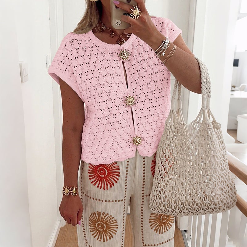 Simple Vacation Short-Sleeved Cut Out T-Shirt Woolen Women's Clothing Autumn and Winter Independent Station