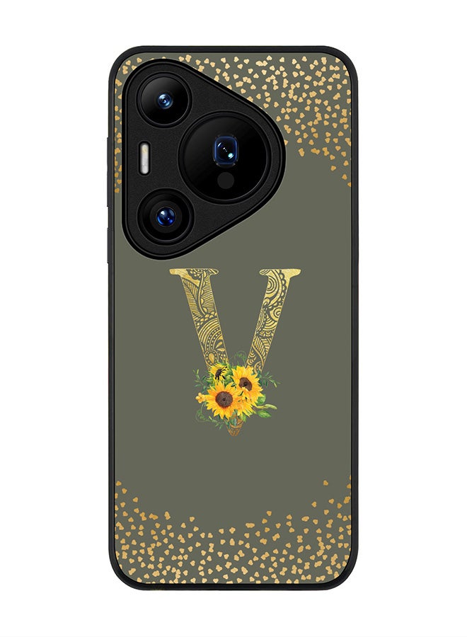 Stylizedd Rugged Black edge case for Huawei Pura 70 Pro / Huawei Pura 70 Pro Plus Case Cover Monogram Initial Letter Floral Pattern Alphabet- V (Olive Green) - Image 1
