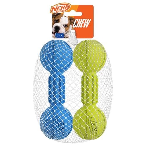 Nerf Dog Chewable Barbell Dog Toy Lightweight Durable and Water Resistant 75 Inches For MediumLarge Breeds Two Pack Blue and Green 8953 - Image 1