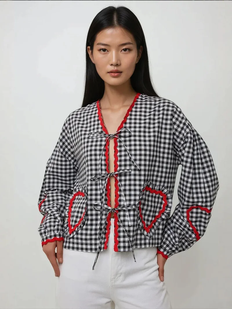 HICCUP Long Sleeve Plaid Shirt Collar Top with Heart Detail