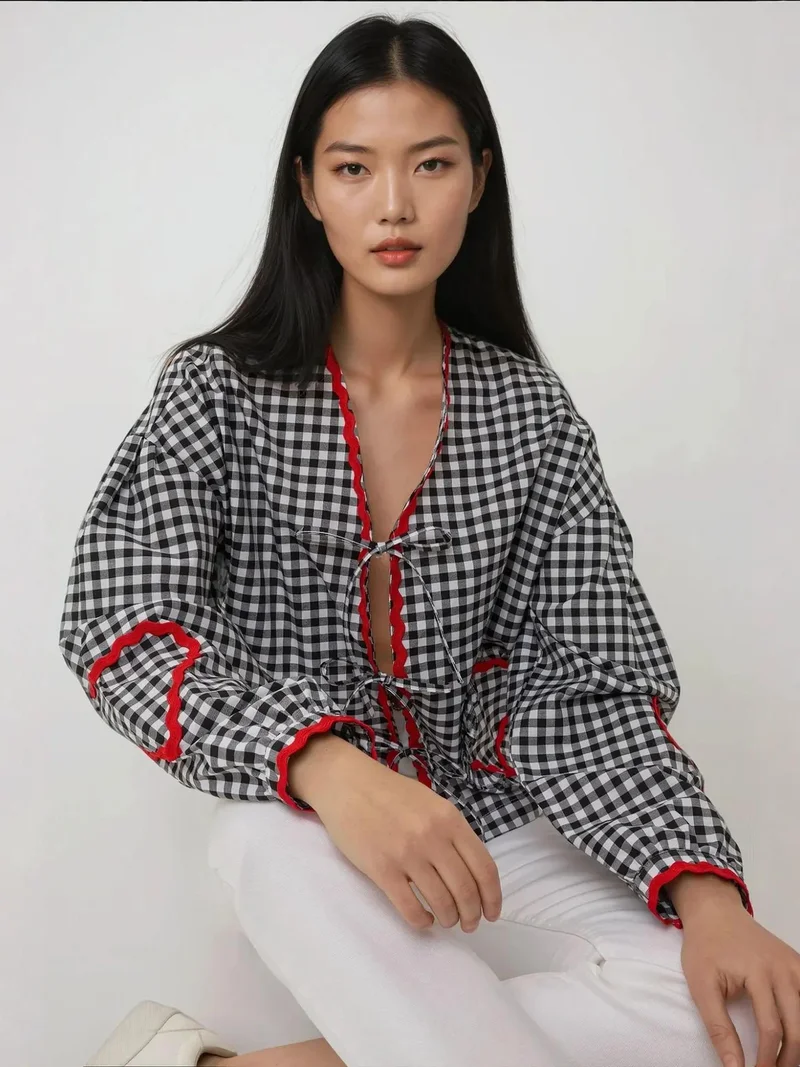 HICCUP Long Sleeve Plaid Shirt Collar Top with Heart Detail