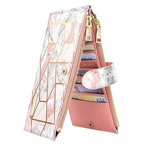 Coco Rossi Wallets for Women Pink Marble Wallet Multi Card Organizer Bifold Wallet with Double Zipper Pocket,Gold Pink Marble - Image 1