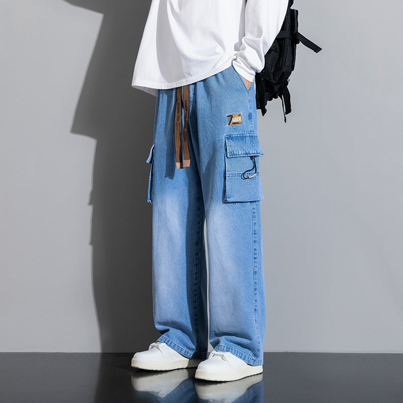 Jeans Mens Spring and Autumn Loose plus size Fashion Brand American Style Workwear Wide Leg Straight Retro Casual Pants for Men A501 gray blue - Image 5