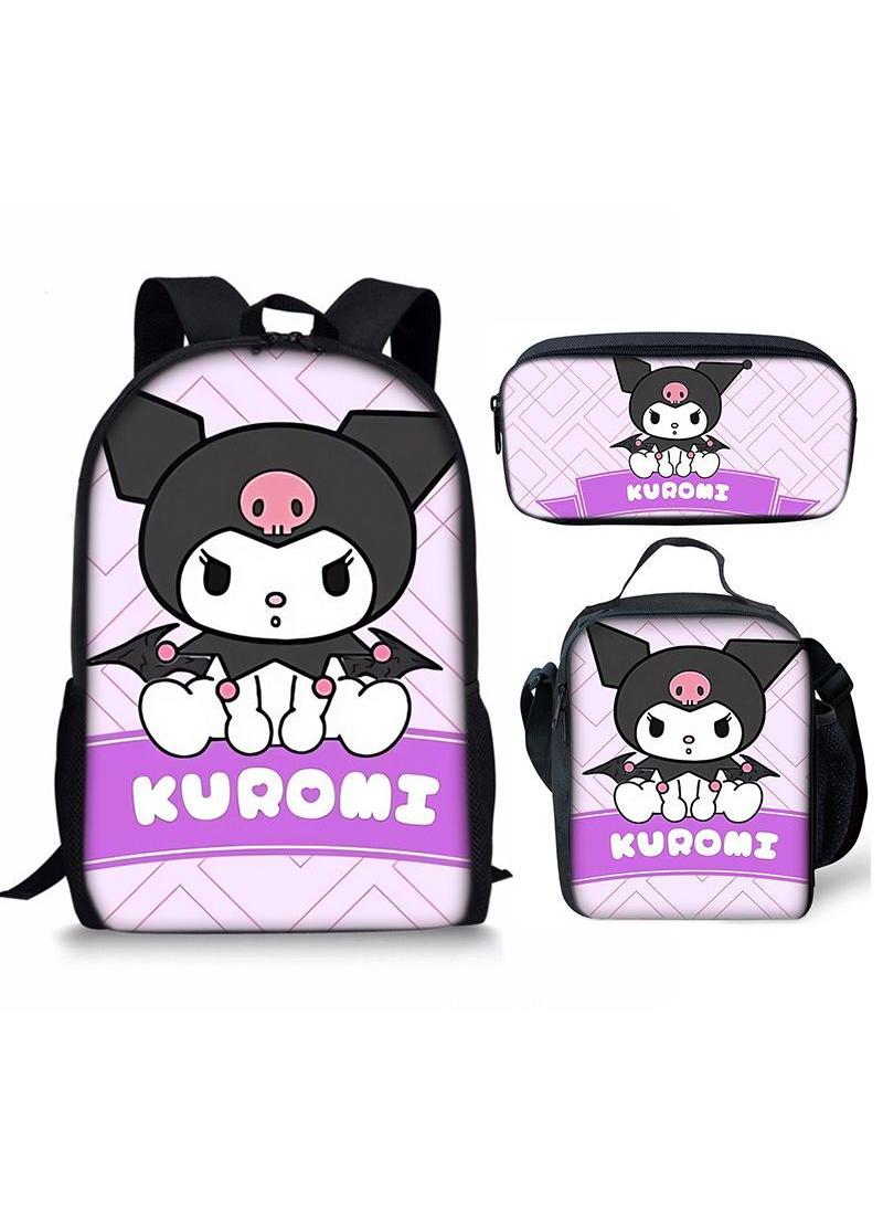 73Hours 3 pcs set Kuromi Children Backpack Daypack Schoolbag Girls  Boys School Book bag with Lunch Box Pen Case - Image 1