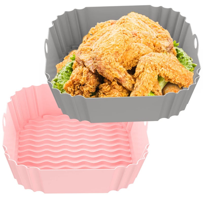 MUAEEOK Air Fryer Silicone Liners 20cm/8 Inch for 4 to 6.5L Reusable Air Fryer Inserts for Oven Microwave 2 Pack (Grey & Pink) - Image 1