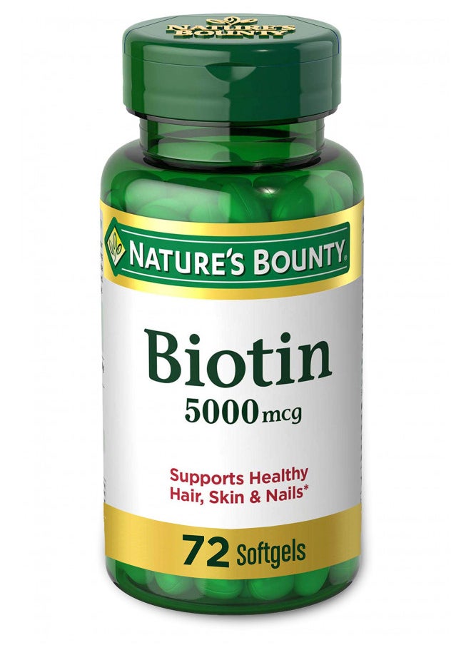 Nature's Bounty Biotin, Vitamin Supplement, Supports Metabolism for Energy and Healthy Hair, Skin, and Nails, 5000 mcg, 72 Softgels