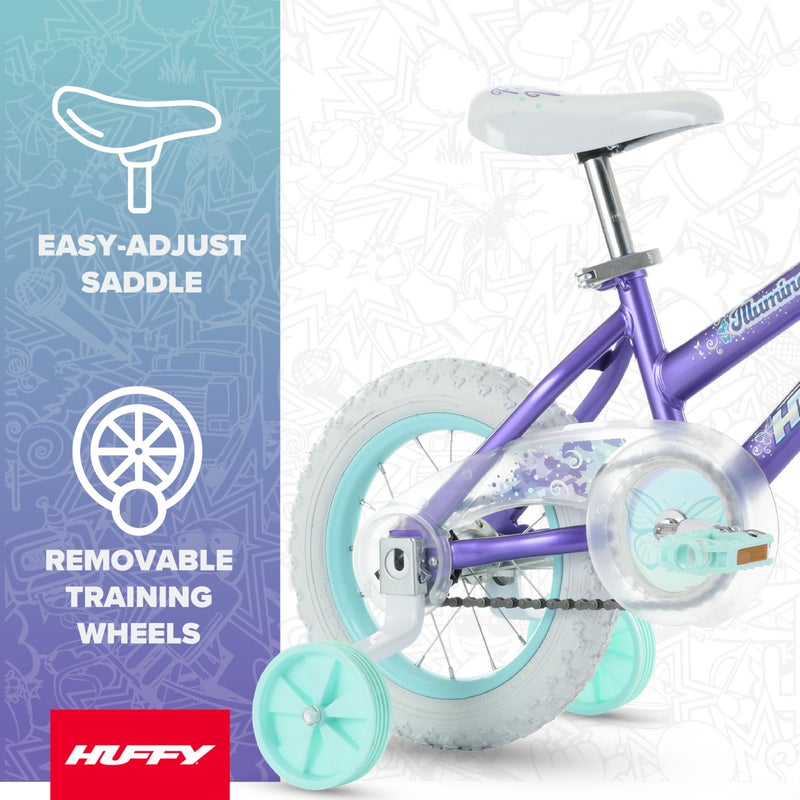 Huffy Illuminate 12â€ Girlâ€™s Bike with Removable Training Wheels, Amethyst Purple Frame with Butterfly Graphics, Chain Guard, White Tires and Teal Rims - Image 3