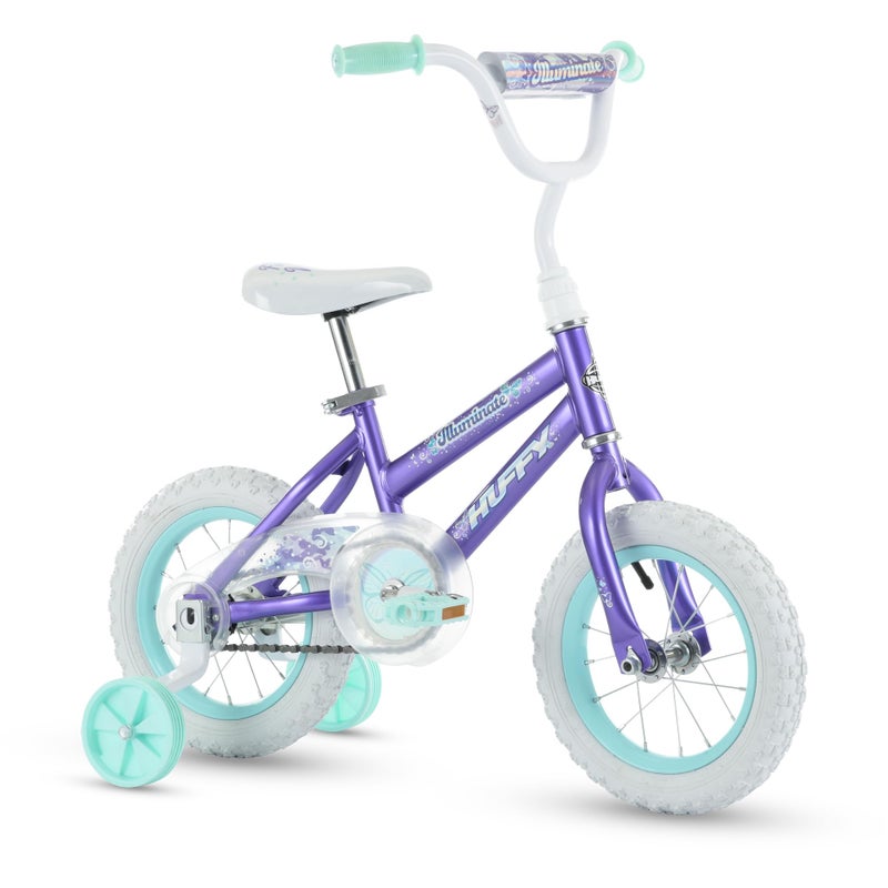 Huffy Illuminate 12â€ Girlâ€™s Bike with Removable Training Wheels, Amethyst Purple Frame with Butterfly Graphics, Chain Guard, White Tires and Teal Rims - Image 1