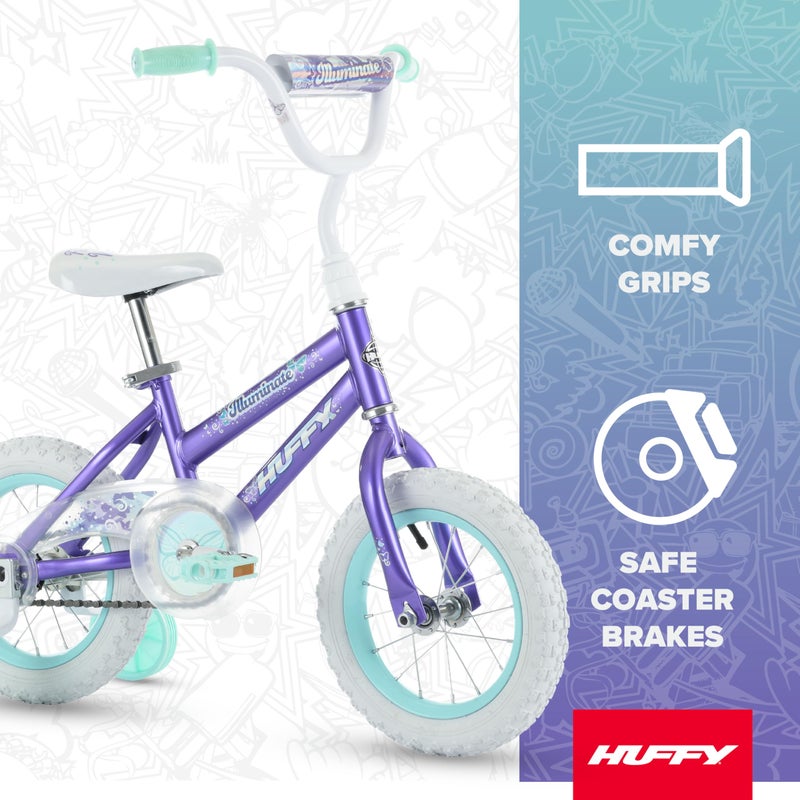 Huffy Illuminate 12â€ Girlâ€™s Bike with Removable Training Wheels, Amethyst Purple Frame with Butterfly Graphics, Chain Guard, White Tires and Teal Rims - Image 2