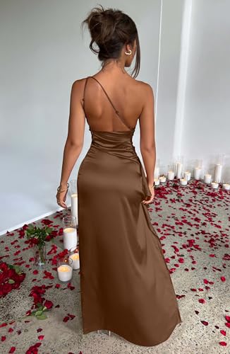 Memoriesea Women's Sexy One Shoulder Satin High Split Cocktail Wedding Party Maxi Dress Brown - Image 5