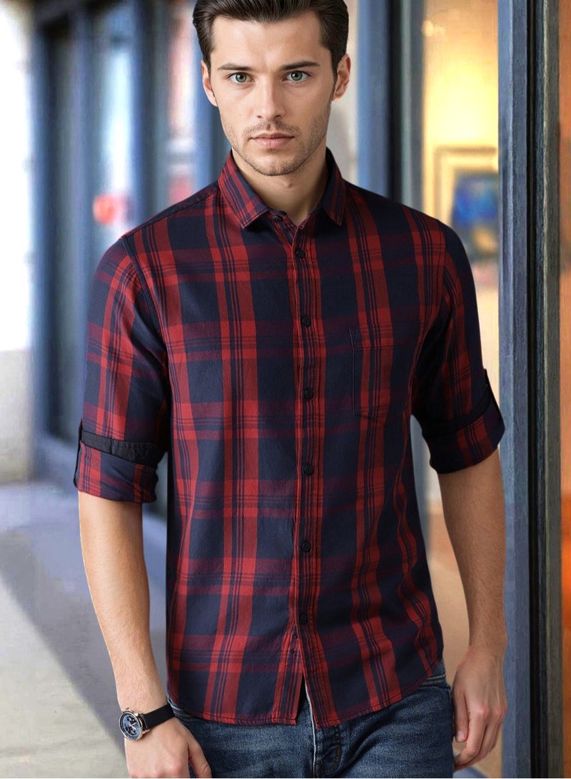 Dennis Lingo Men's Slim Fit Red and Blue Casual Cotton Spread Shirt - Image 1