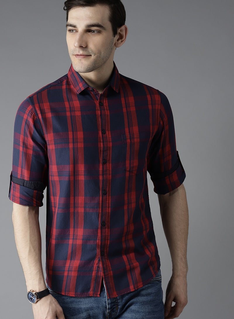 Dennis Lingo Men's Slim Fit Red and Blue Casual Cotton Spread Shirt - Image 2