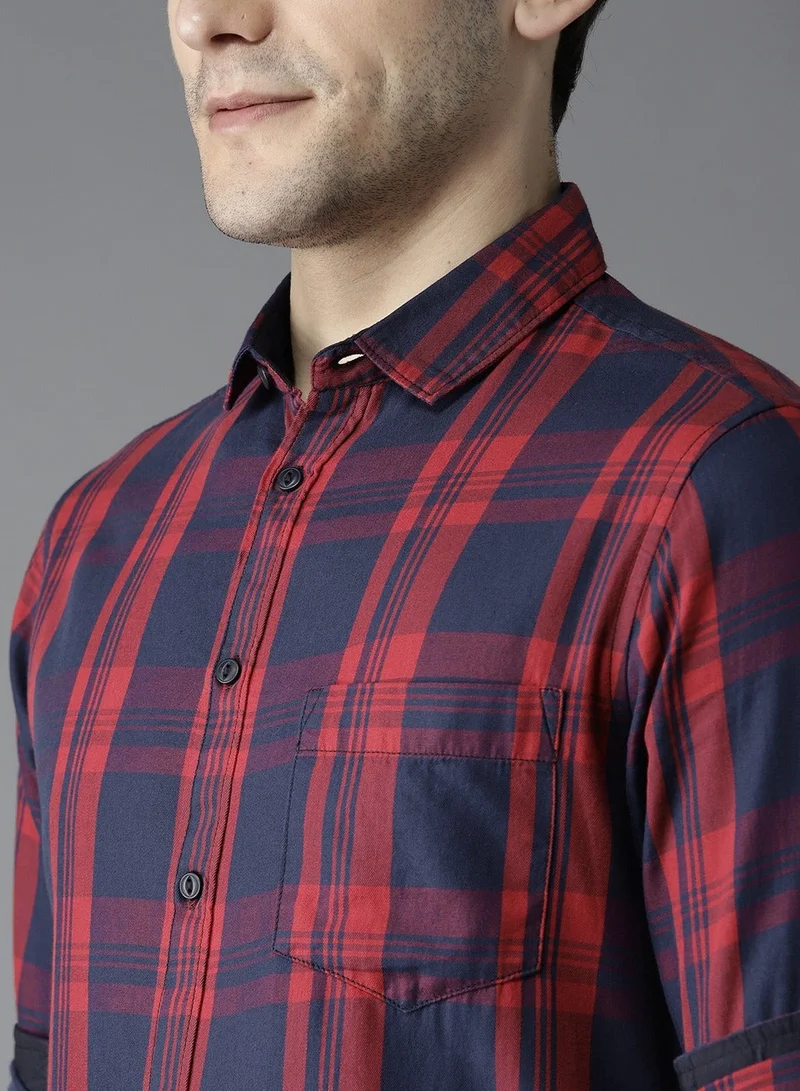 Dennis Lingo Men's Slim Fit Red and Blue Casual Cotton Spread Shirt