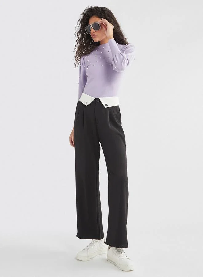 Splash FAV Plain Wide Leg Pants with Pleat Detail and Pockets