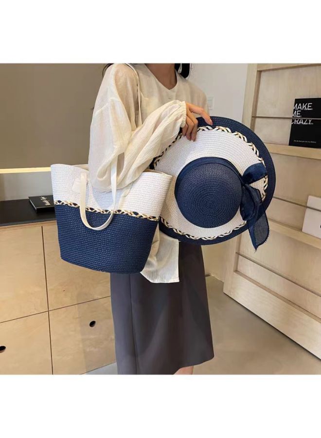 Color-matching Straw Bag Ribbon Straw Hat Suit Large Capacity Shoulder Bag Woven Bag High-end Beach Tote Bag-Color:Milky White-Size:Single Package (42*28*14cm) - Image 2