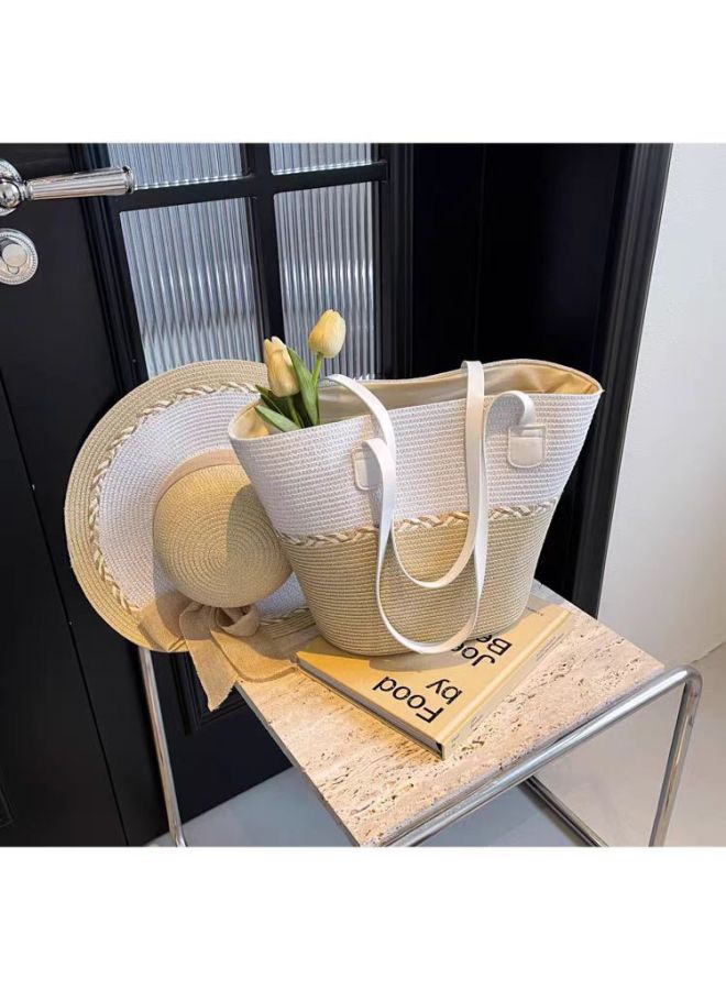 Color-matching Straw Bag Ribbon Straw Hat Suit Large Capacity Shoulder Bag Woven Bag High-end Beach Tote Bag-Color:Milky White-Size:Single Package (42*28*14cm) - Image 5