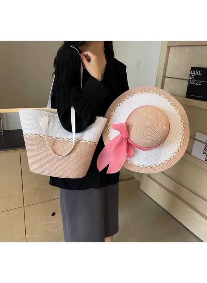 Color-matching Straw Bag Ribbon Straw Hat Suit Large Capacity Shoulder Bag Woven Bag High-end Beach Tote Bag-Color:Milky White-Size:Single Package (42*28*14cm) - Image 4