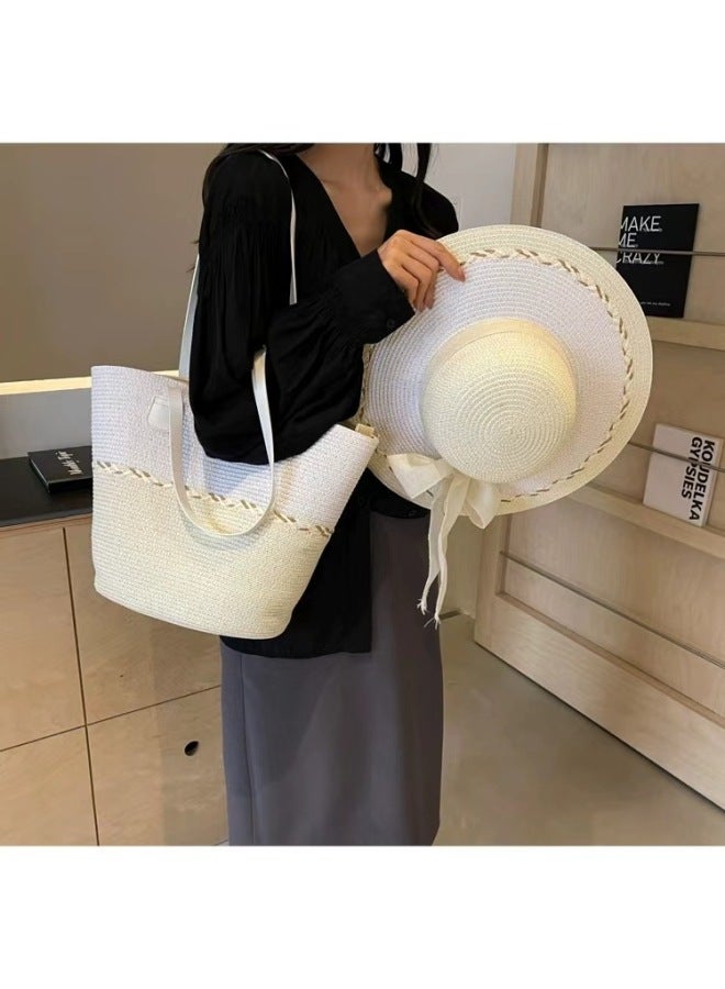 Color-matching Straw Bag Ribbon Straw Hat Suit Large Capacity Shoulder Bag Woven Bag High-end Beach Tote Bag-Color:Milky White-Size:Single Package (42*28*14cm) - Image 3