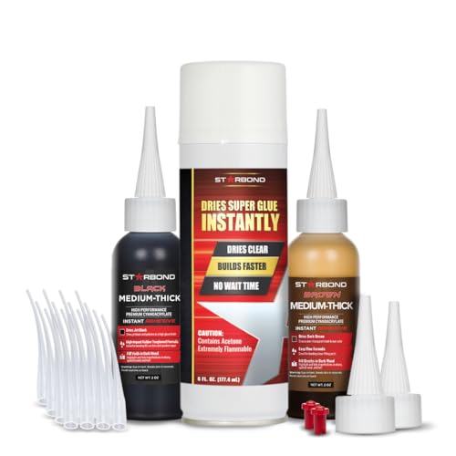 STARBOND Premium Grade Cyanoacrylate (CA) Super Glue, Black (2 oz) and Brown (2 oz) Medium-Thick Viscosity Knot Filler and Aerosol Accelerator (6 oz) Bundle for Woodworking, Woodturning, Carpentry - Image 1