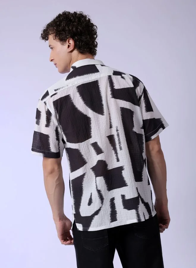 شركة المرآب الهندية قميص رجالي بياقة كوبية مطبوع برسومات تجريدية وأكمام نصفية