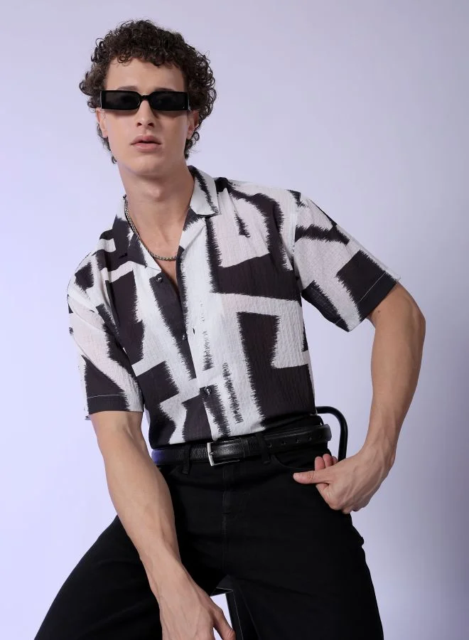 Men Relaxed Fit Abstract Printed Half Sleeves Cuban Collar Resort Wear Shirt