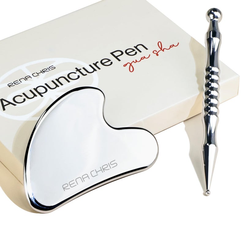 Rena Chris Acupuncture Pen, Manual Reflexology Tools for Muscle Tension and Pain Relief, Acupressure Pen and Stainless Steel Gua Sha Set with Reflexology Chart, Easy to Use - Image 1