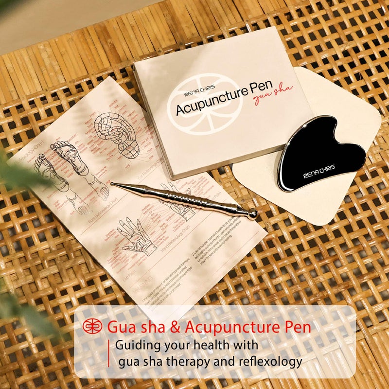 Rena Chris Acupuncture Pen, Manual Reflexology Tools for Muscle Tension and Pain Relief, Acupressure Pen and Stainless Steel Gua Sha Set with Reflexology Chart, Easy to Use - Image 2