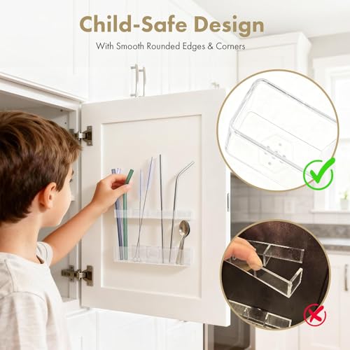 Colormz Acrylic Straw Holder for Cabinet Door - Child-Safe Organizer & Dispenser with Smooth Rounded Edges for Kitchen Accessories Storage, Adhesive Circles Included (Clear Transparent) - Image 3