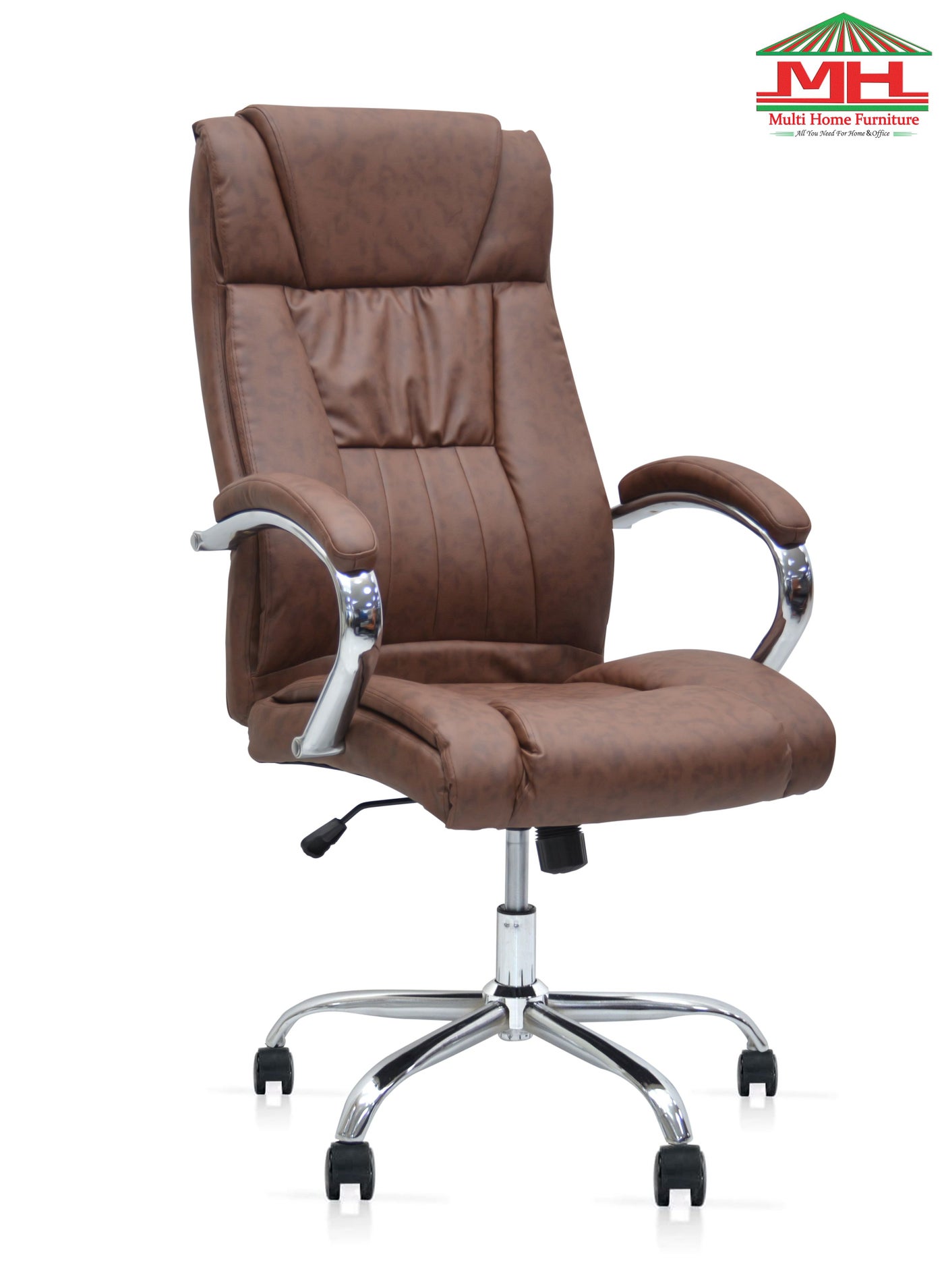 Multi Home Furniture Brown Office Chair – PU Leather Ergonomic Chair with Lumbar Support, Adjustable Height with Padded Armrest Desk Chair, Tilt Lock & 360° Swivel Chair, Computer Chair, Office Chair for Home