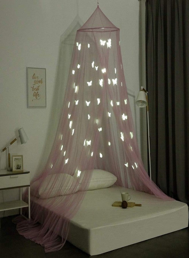 OctoRose Butterfly Pink Glow in The Dark Bed Canopy Hanging Curtain Drapes Netting Fits Crib to Calking. 23" Diameter on top, 98" Hight, 472" Bottom Circumference - Image 1