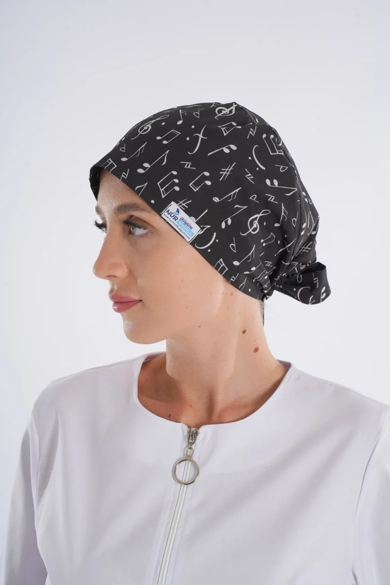 Nur Medikal Giyim Nur Medical Clothing Black Note Patterned Hijab Doctor Nurse Hospital Chef Surgical Bonnet