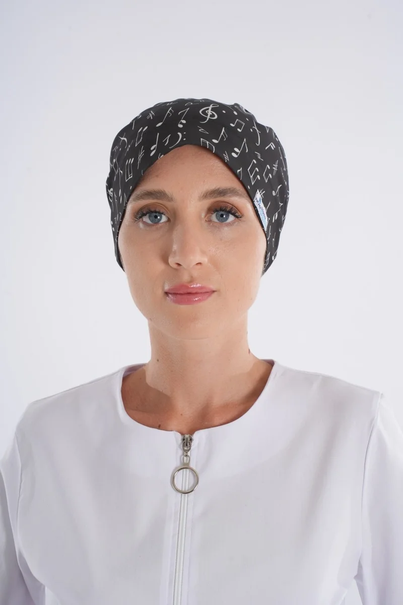 Nur Medikal Giyim Nur Medical Clothing Black Note Patterned Hijab Doctor Nurse Hospital Chef Surgical Bonnet