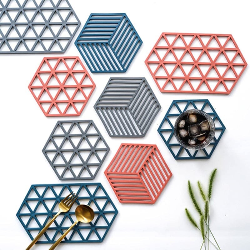 OLWICK OLWICK® 9 PCS Silicone Table Mats Heat Trivet Mat Insulated Flexible Durable Non Slip Coasters Kitchen Table Protector Mat for Bowl Dishes Home Kitchen Restaurant (Random Pattern & Color) - Image 1