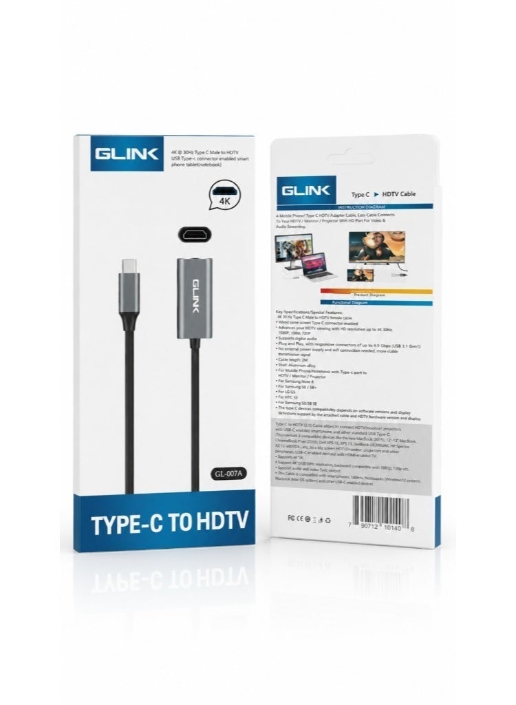 كابل GLINK GL-007A من نوع Type C إلى HDTV، دقة 4K 30Hz، طول 2 متر