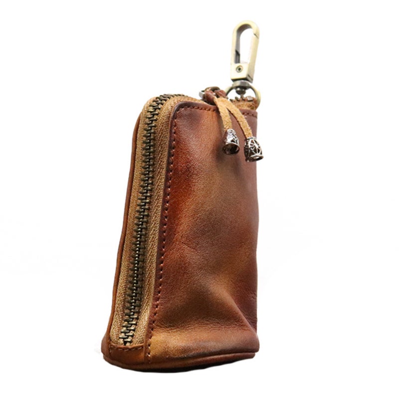 LFWATAXY - Bolsa de piel medieval con cierre para monedas, piel de vacuno auténtico, hecho a mano, organizador de monedas, soporte para cambios, llavero para hombres y mujeres, Marrón, Art Doce - Image 1