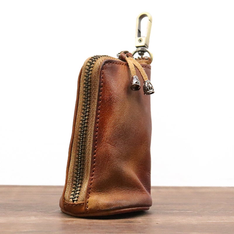 LFWATAXY - Bolsa de piel medieval con cierre para monedas, piel de vacuno auténtico, hecho a mano, organizador de monedas, soporte para cambios, llavero para hombres y mujeres, Marrón, Art Doce - Image 2