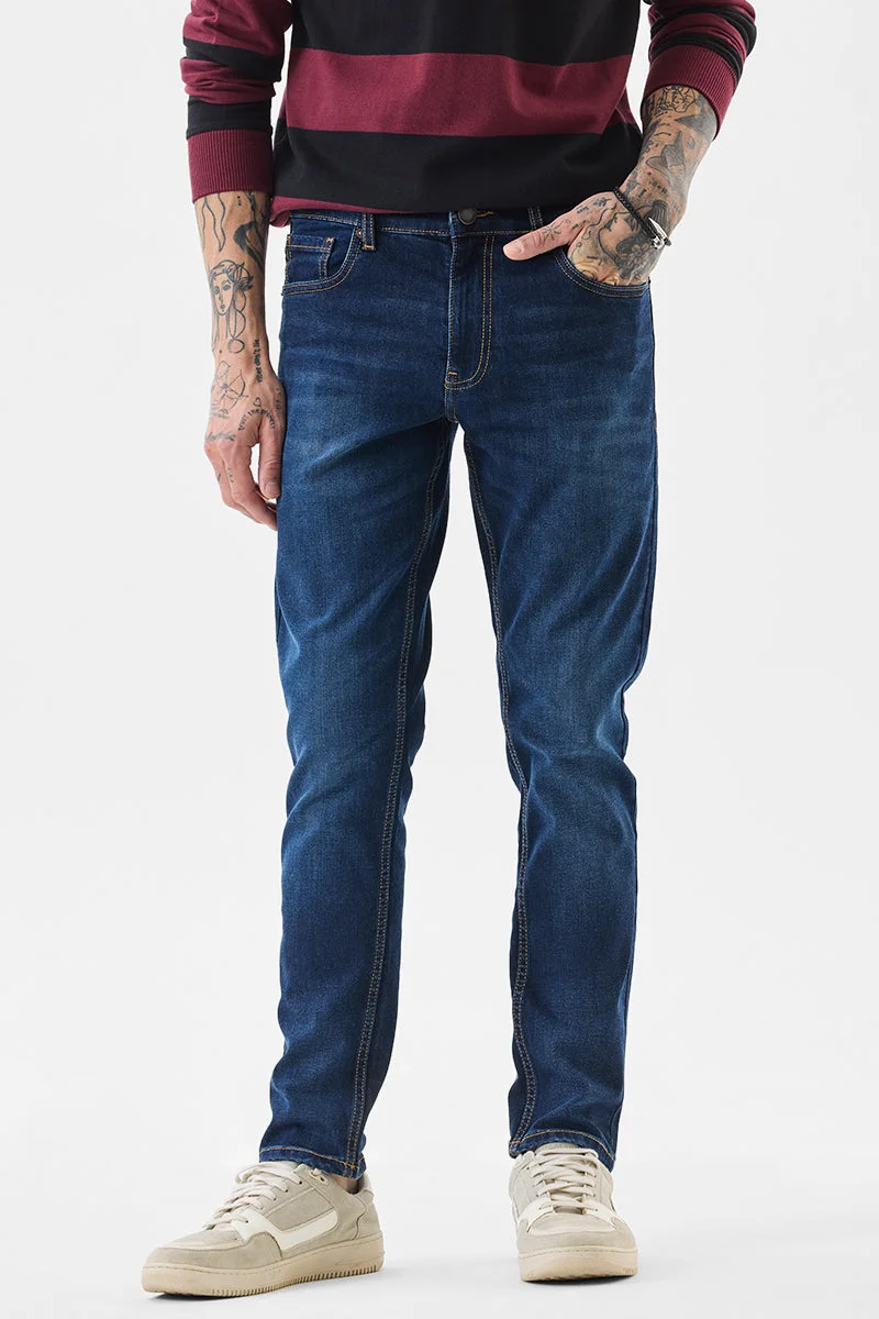 سنيتش Dark Blue Solid Tapered Casual Jeans