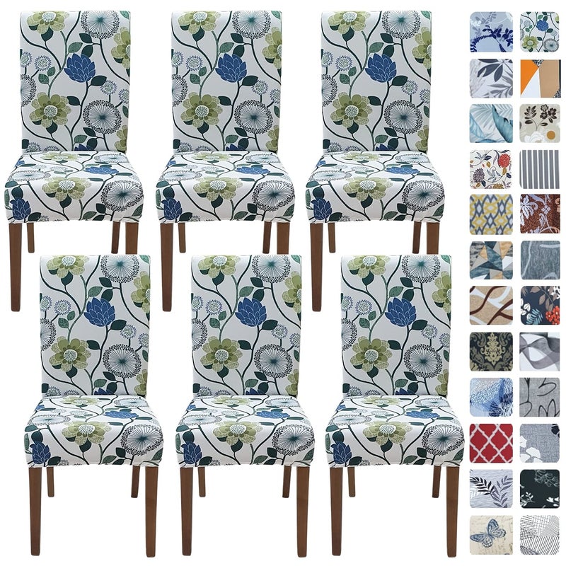SPRINGRICO White Chair Covers for Dining Room 6 Pack Stretch Floral Dining Chair Cover Washable Spandex Kitchen Parsons Chair Slipcovers Seat Protector for Home or Party Set of 6 FLORAL3